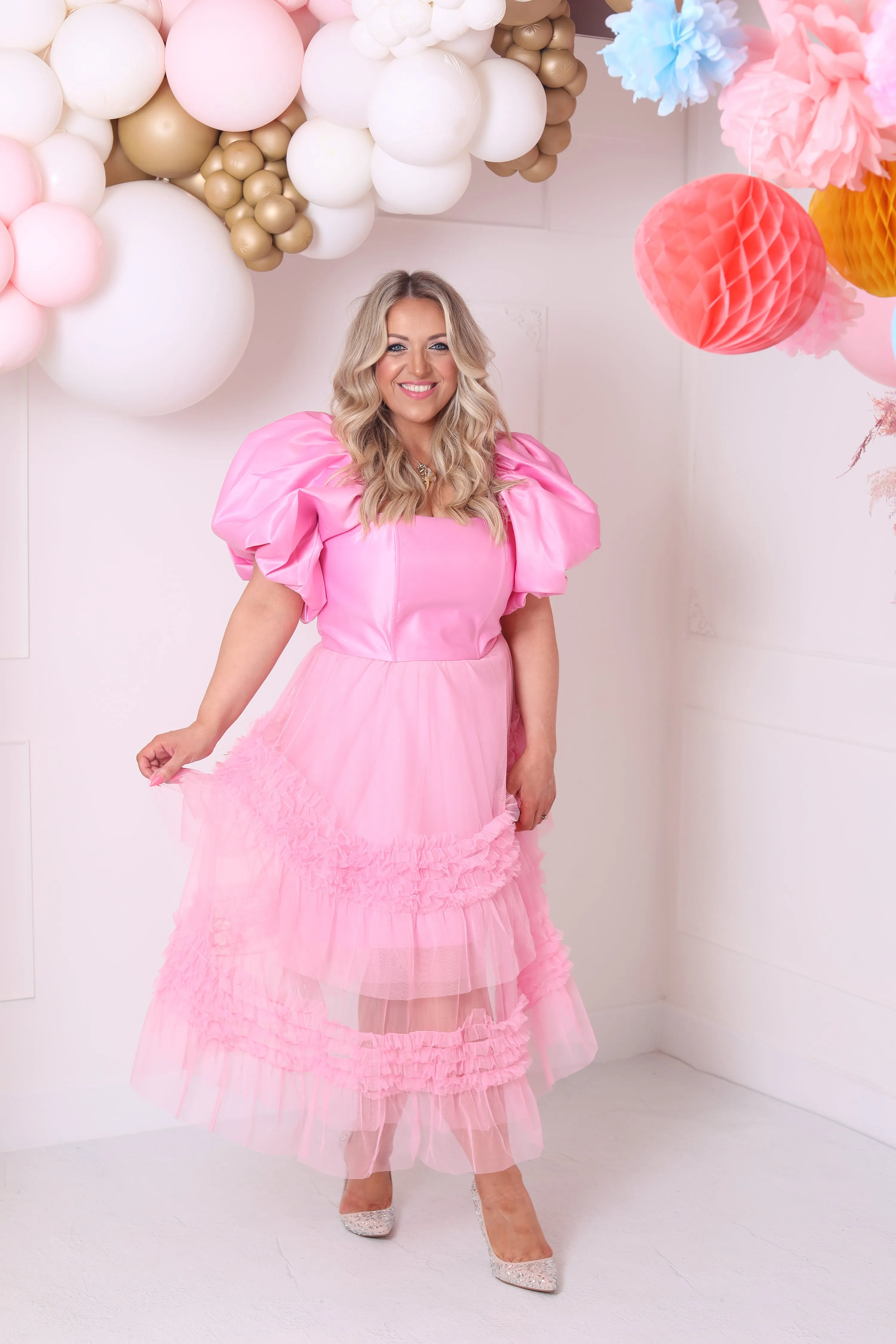 'Fortuna' Puff Sleeve Corset Top In Pink Candy