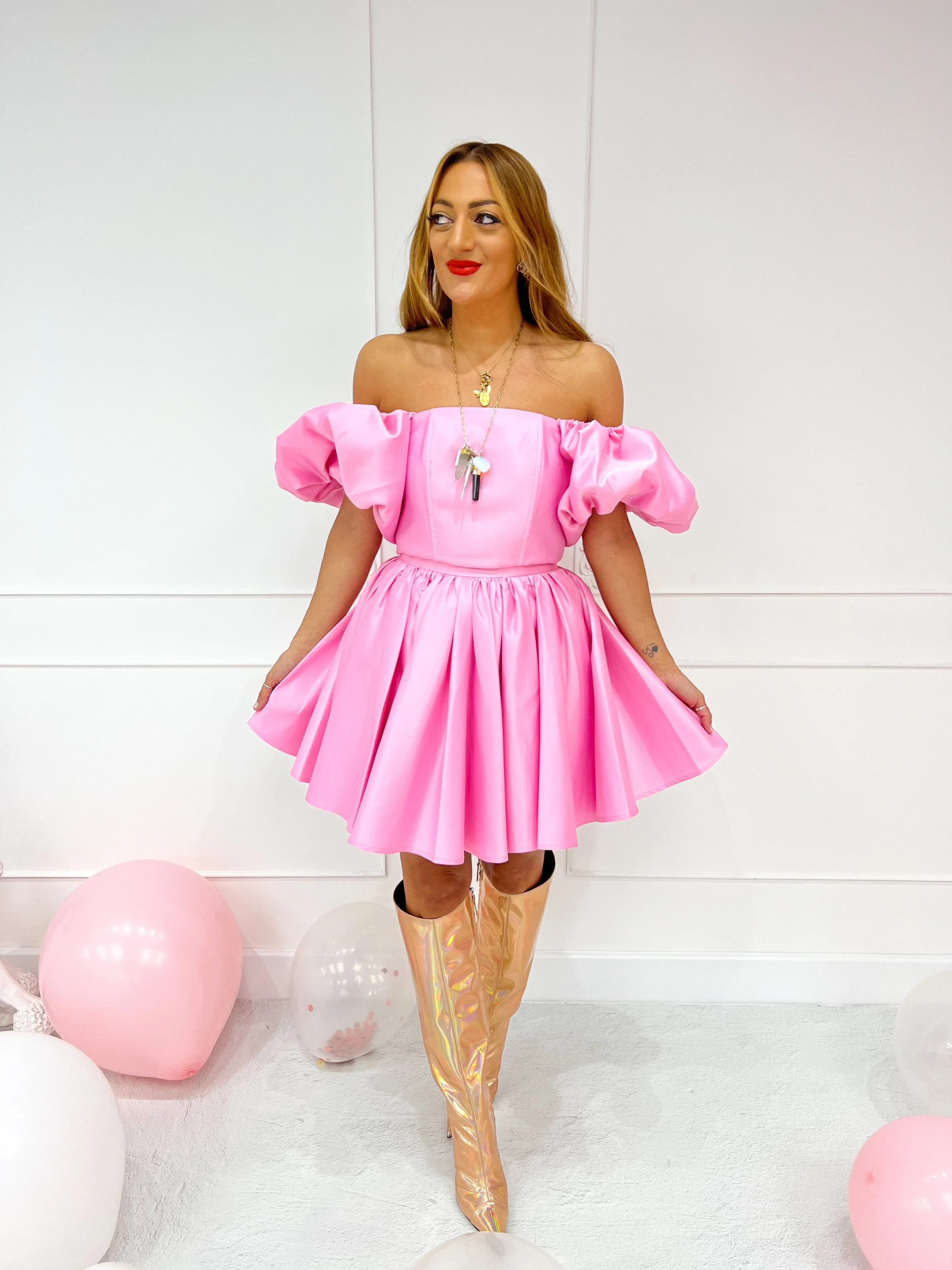 'Fortuna' Puff Sleeve Corset Top In Pink Candy