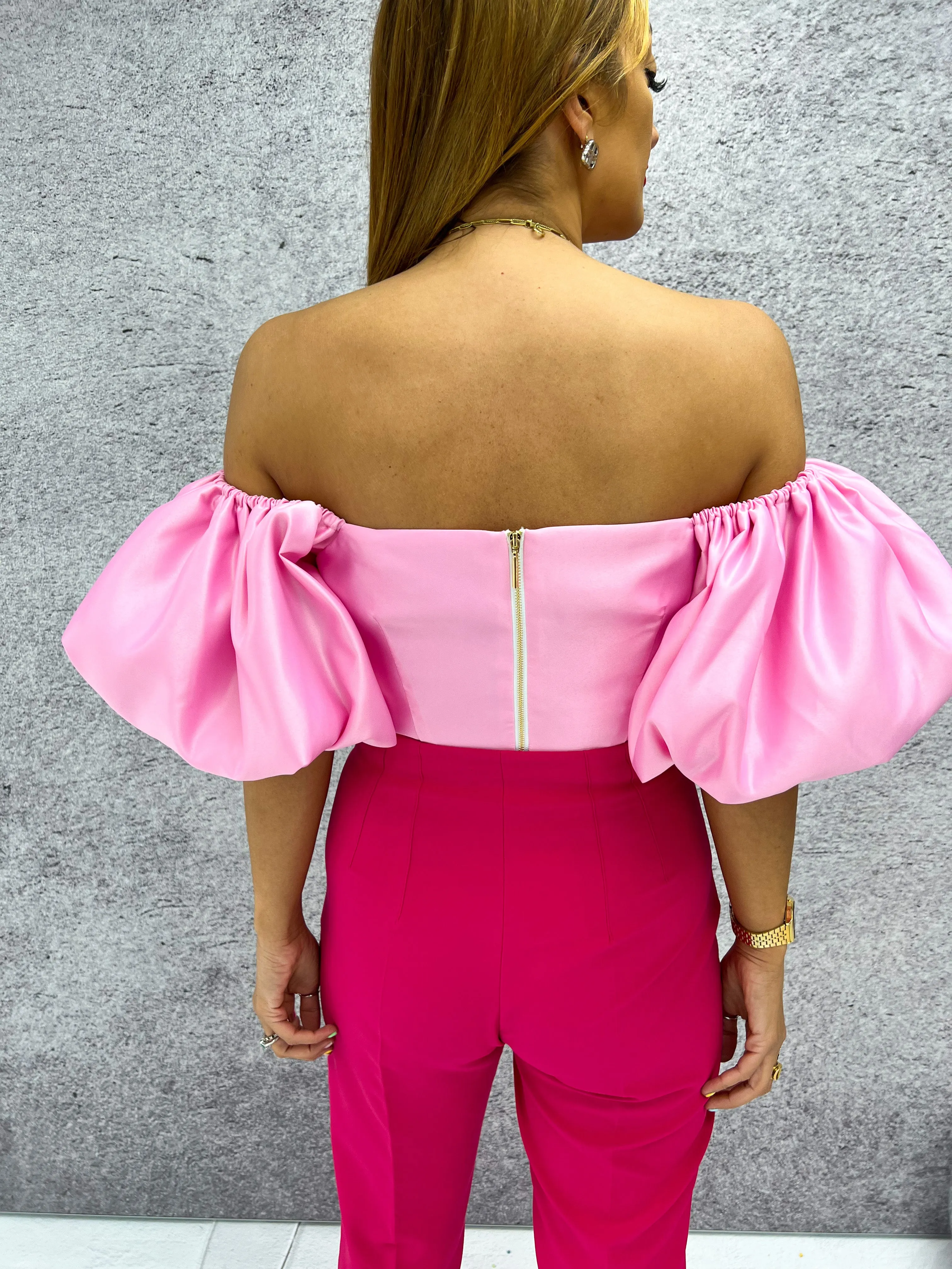 'Fortuna' Puff Sleeve Corset Top In Pink Candy