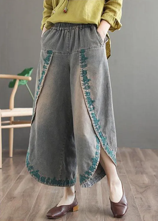 French Blue Pockets Embroideried Fall Denim Wide Leg Pants