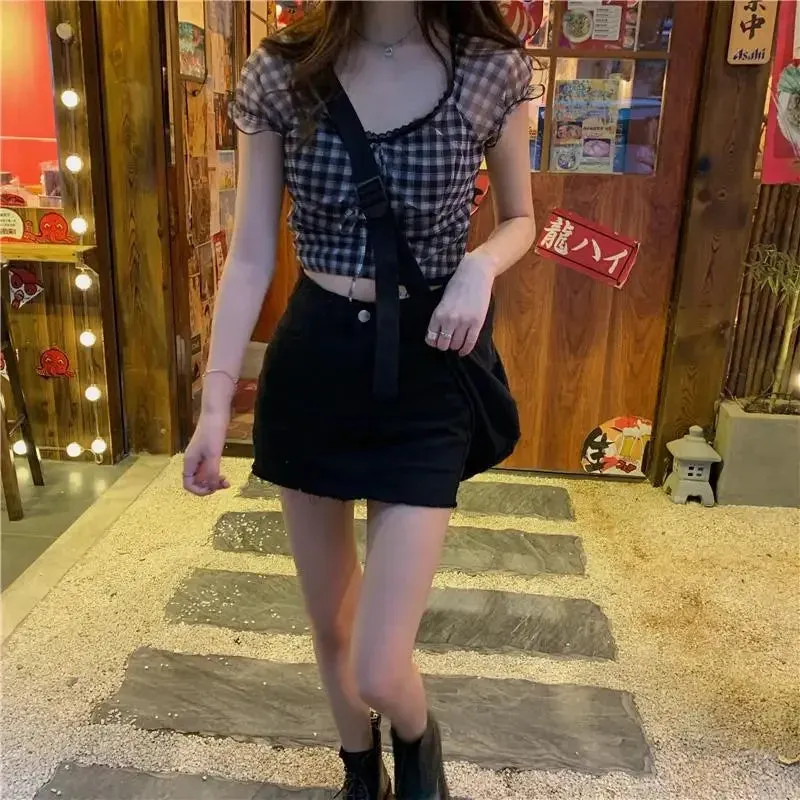 Girlary 2024 Summer Plaid Tshirts Women Retro Sexy Shirt Casual Lace Tees Puff Sleeve 2000s Vintage Y2k Crop Tops Female Korean Fashion