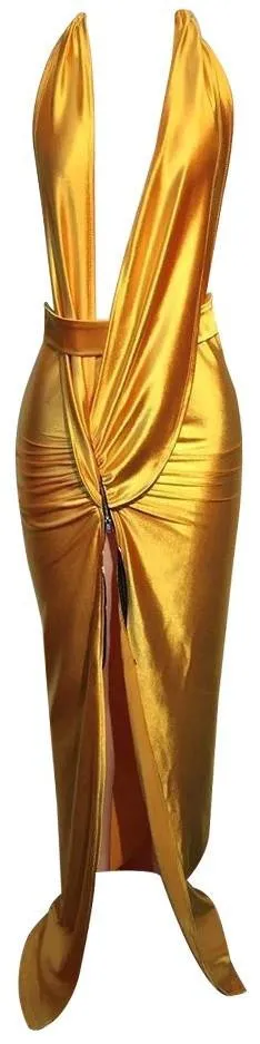 Gold Ruched Zipper-Slit Sleeveless Gown