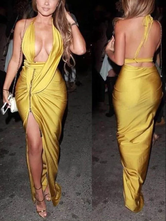 Gold Ruched Zipper-Slit Sleeveless Gown