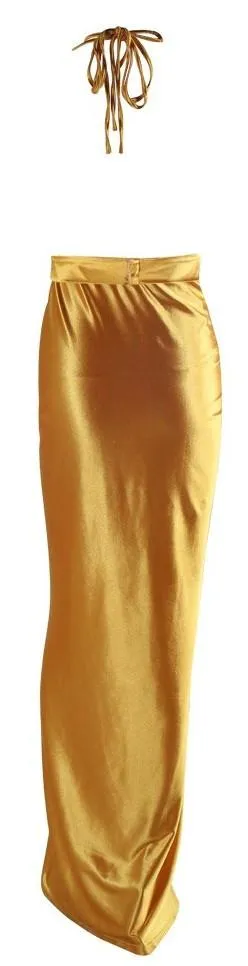 Gold Ruched Zipper-Slit Sleeveless Gown