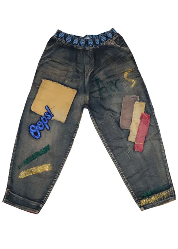 Handmade Blue patch applique denim Pants Spring