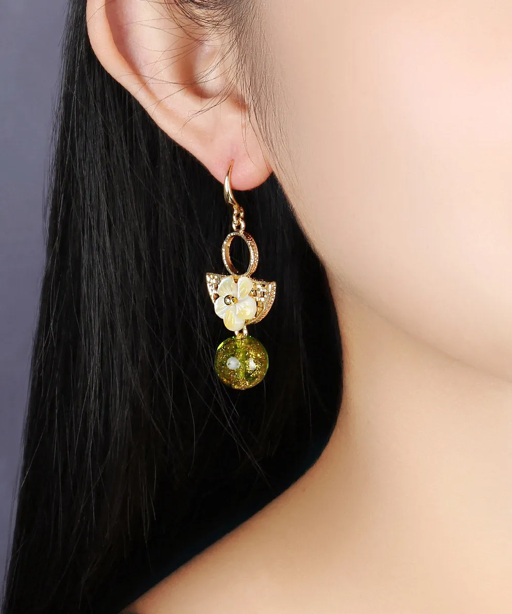 Handmade Green Copper Glaze Shell Flower Floral Drop Earrings LY2297