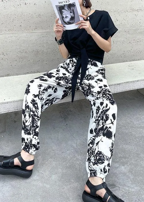 Handmade White High Waist Summer Cotton Print Pants