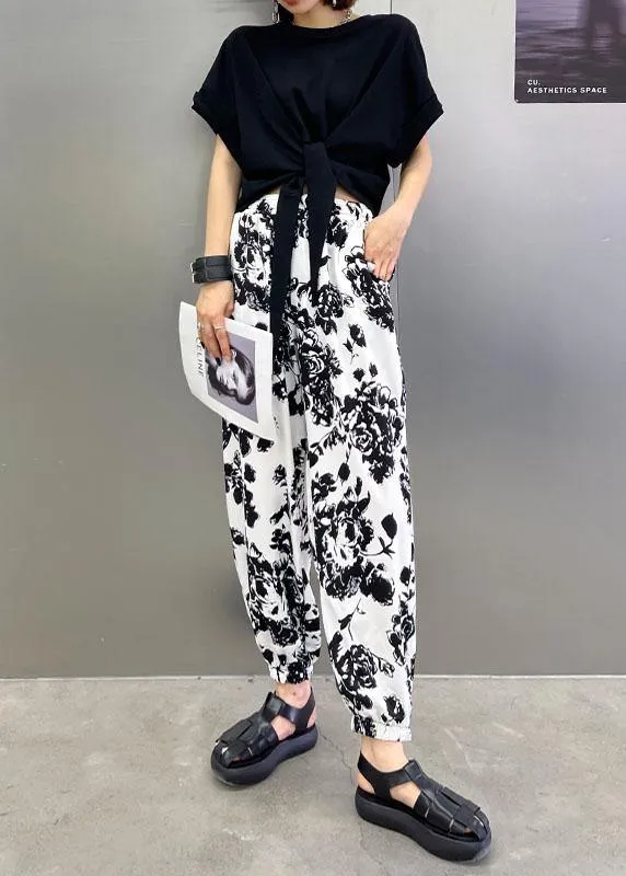 Handmade White High Waist Summer Cotton Print Pants