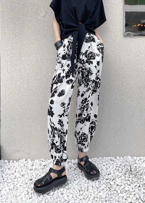 Handmade White High Waist Summer Cotton Print Pants