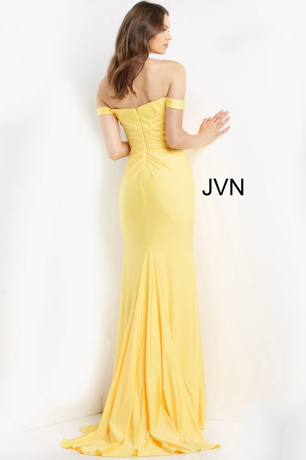 Jovani 07639 Long Fitted off the shoulder Prom Dress Evening Gown Ruched Formal Gown