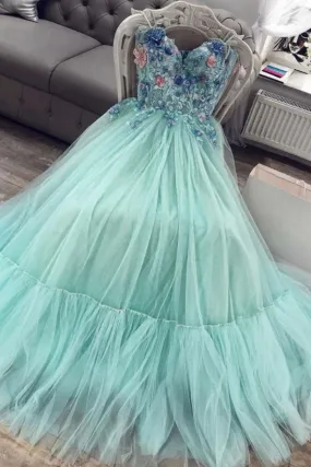 kamahe A Line Mint Green Sweetheart Tulle Appliques Long Prom Dresses