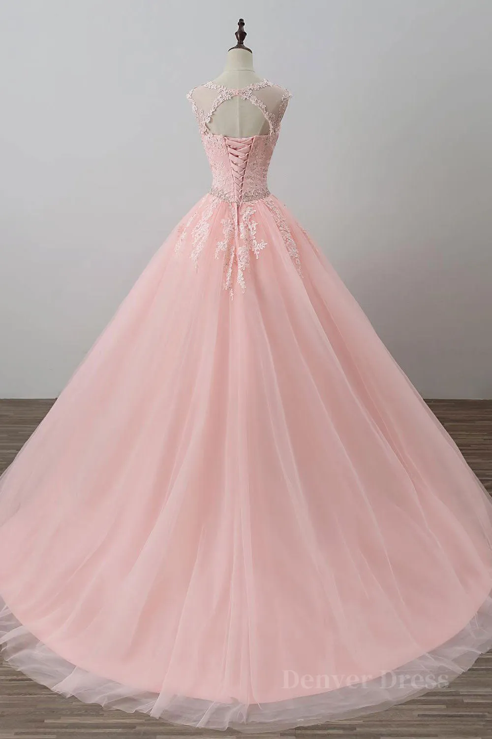 kamahe Pink tulle lace long prom dress, pink tulle evening dress