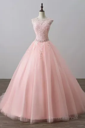 kamahe Pink tulle lace long prom dress, pink tulle evening dress