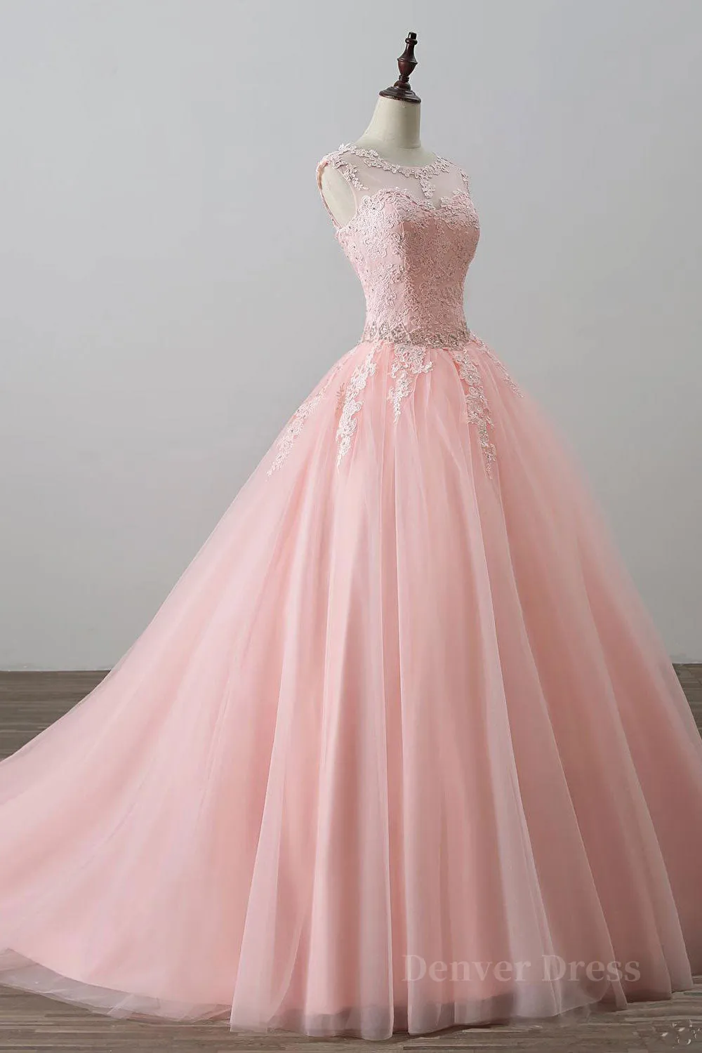 kamahe Pink tulle lace long prom dress, pink tulle evening dress