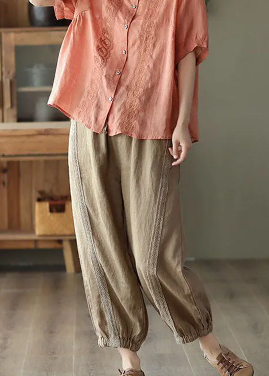 Khaki Hollow Out Patchwork Linen Harem Pants Summer LY0212