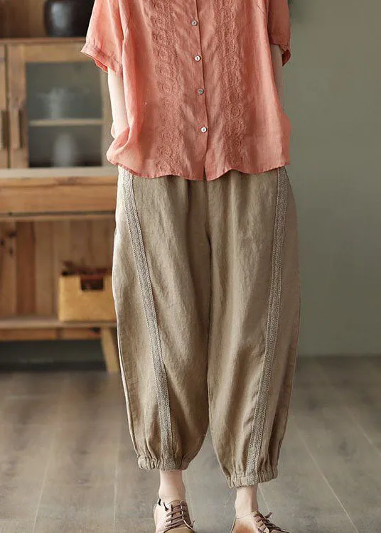 Khaki Hollow Out Patchwork Linen Harem Pants Summer LY0212