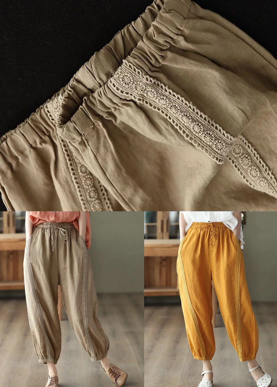 Khaki Hollow Out Patchwork Linen Harem Pants Summer LY0212