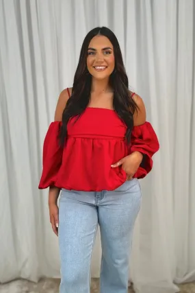 Lila Puff Sleeve Top In Red