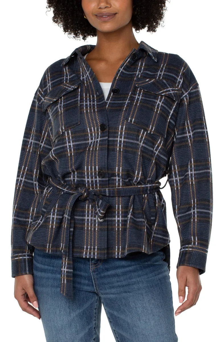 Liverpool's Belted Shirt Jacket (Queen Blue Grey Plaid) (plus size available)