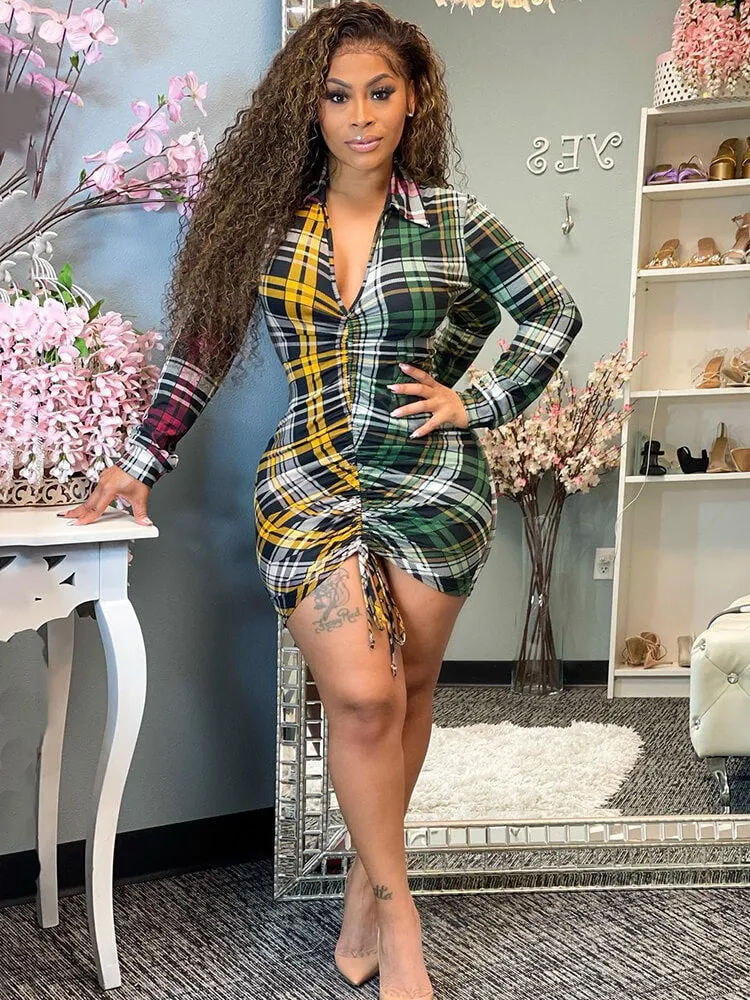 Long Sleeve Plaid Print Ruched Mini Dresses