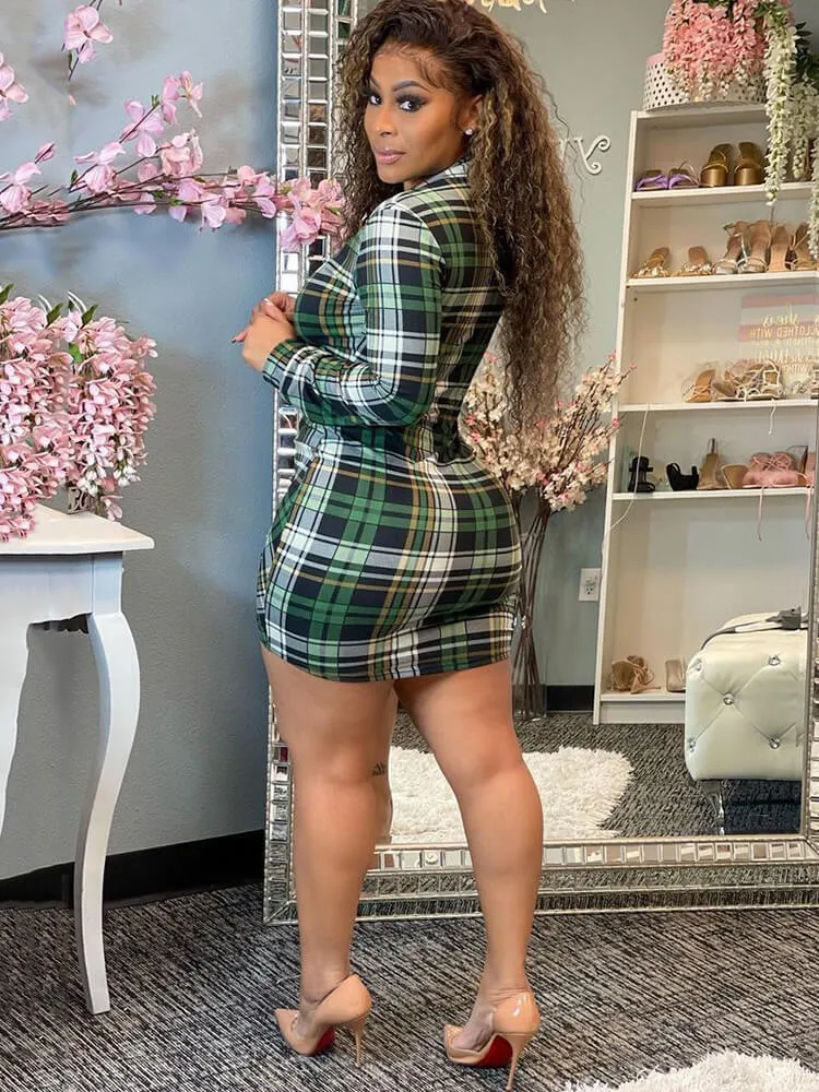 Long Sleeve Plaid Print Ruched Mini Dresses