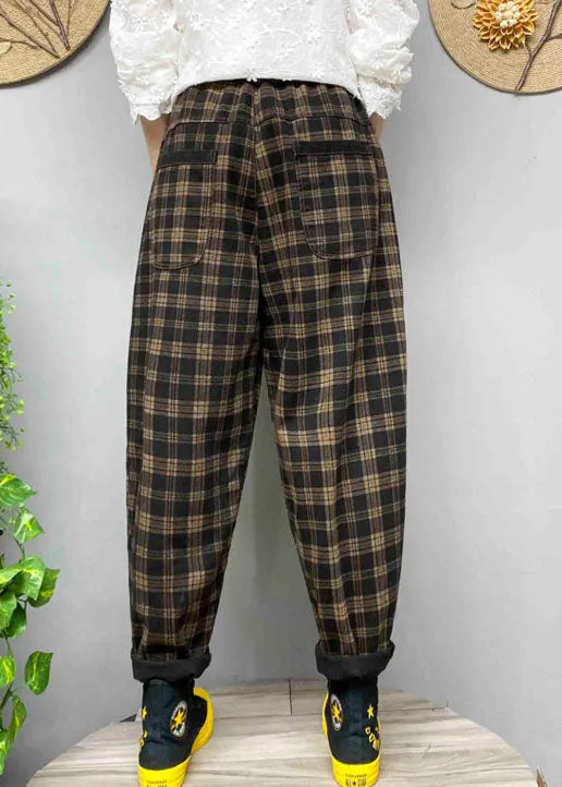 Loose Black Pockets Plaid denim Pants Spring