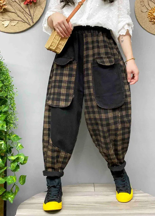 Loose Black Pockets Plaid denim Pants Spring