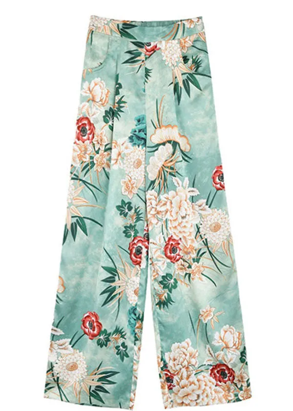 Loose Blue Floral Print Summer Pants