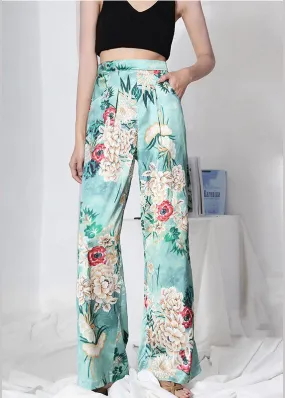 Loose Blue Floral Print Summer Pants