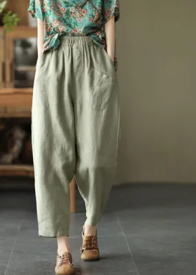 Loose Light Green Pockets Summer Pants Linen