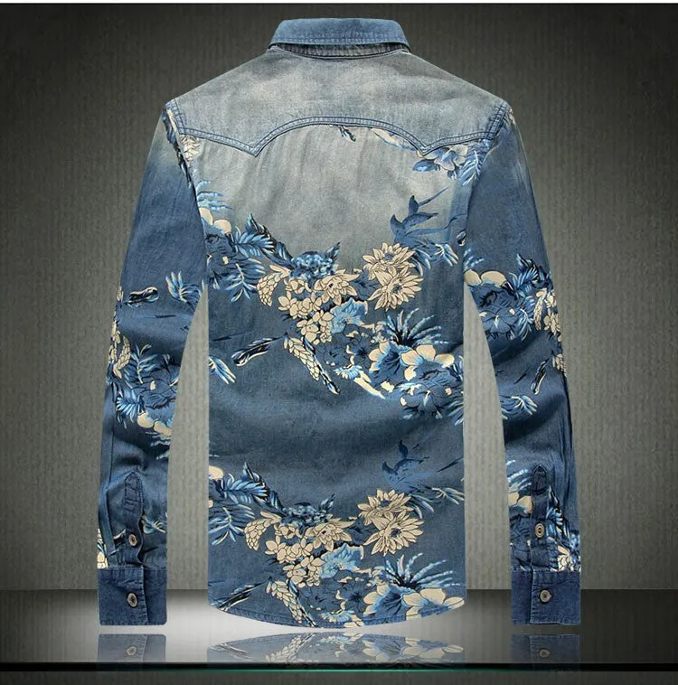 Men's fashion floral print denim shirt Male casual plus large size slim full sleeve shirt.