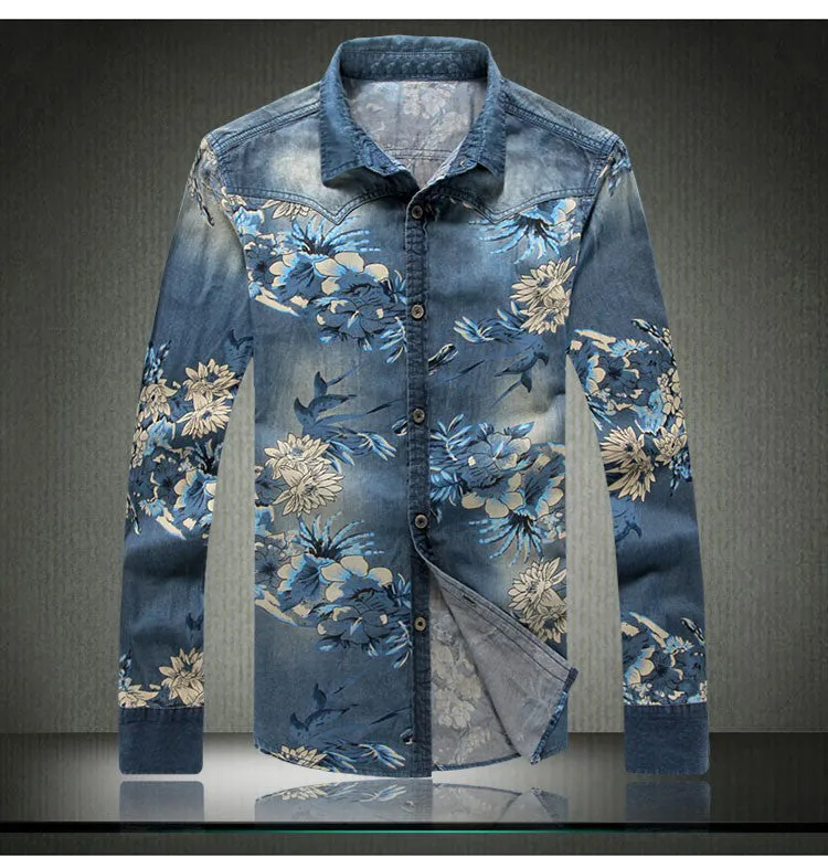 Men's fashion floral print denim shirt Male casual plus large size slim full sleeve shirt.