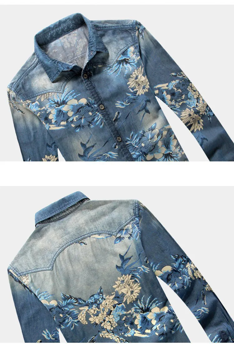 Men's fashion floral print denim shirt Male casual plus large size slim full sleeve shirt.