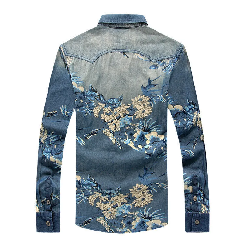 Men's fashion floral print denim shirt Male casual plus large size slim full sleeve shirt.