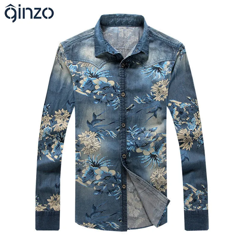 Men's fashion floral print denim shirt Male casual plus large size slim full sleeve shirt.