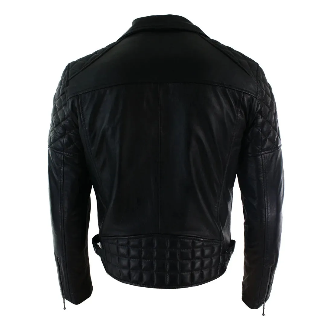 Men's Washed Brown Black Leather Biker Jacket Cross Zip