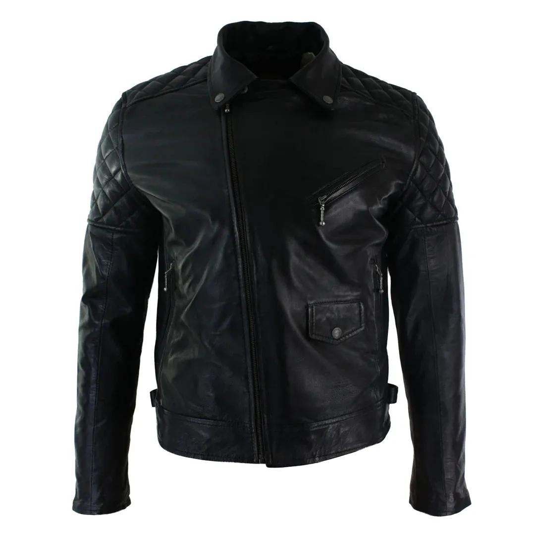 Men's Washed Brown Black Leather Biker Jacket Cross Zip