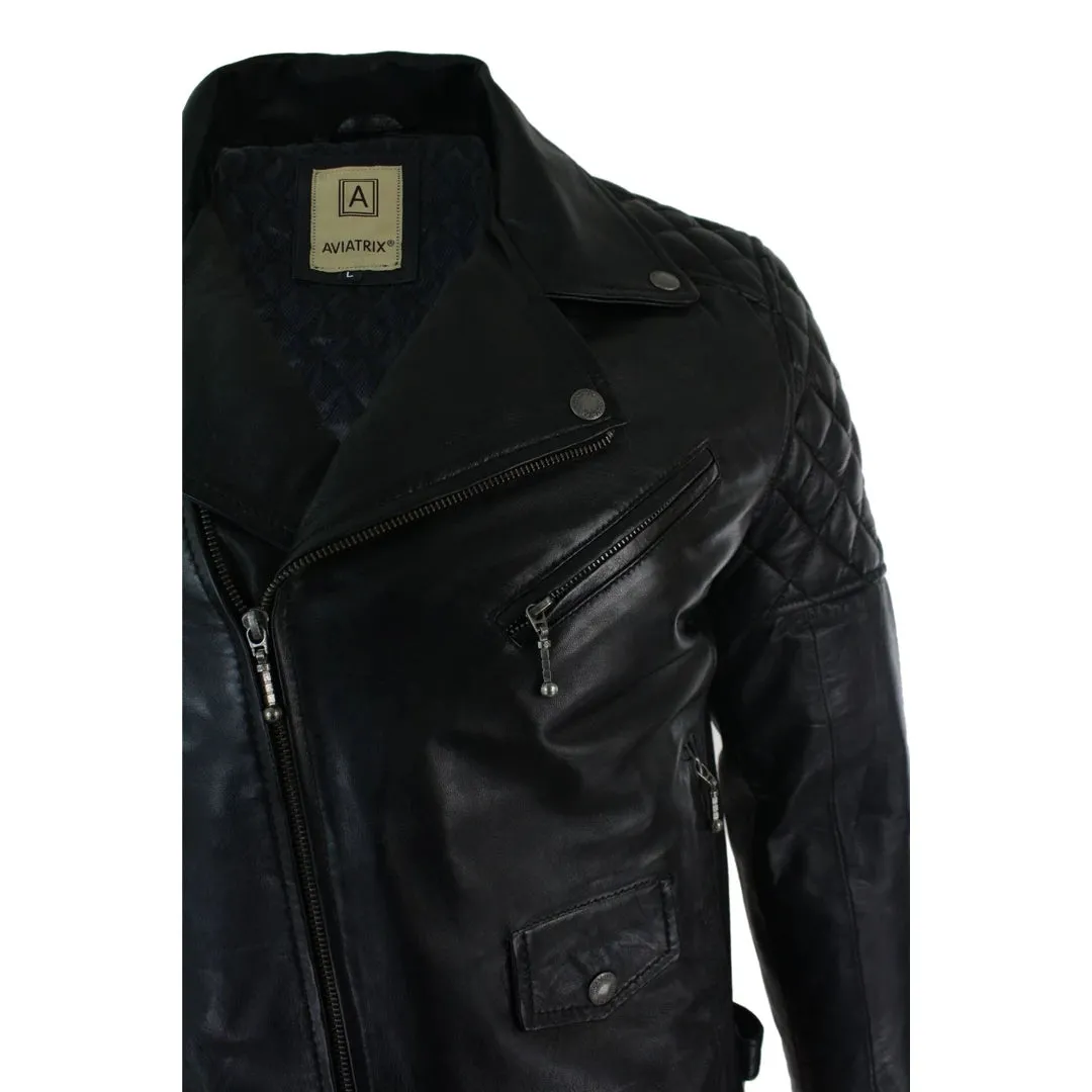 Men's Washed Brown Black Leather Biker Jacket Cross Zip