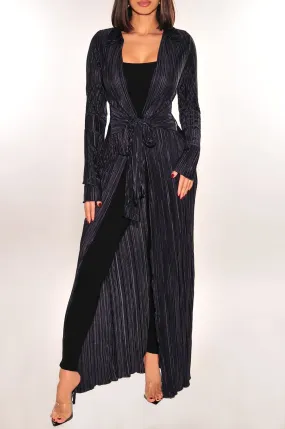 Midnight Ribbed Collared Belted Long Sleeve Duster