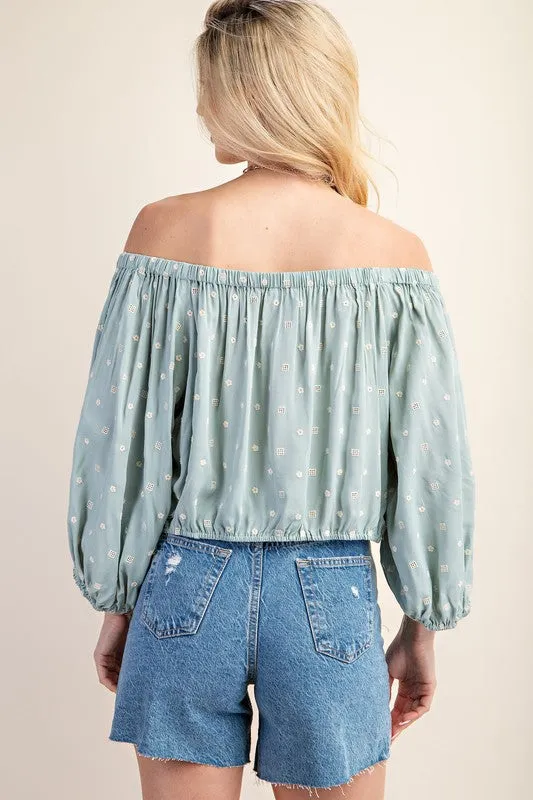 Mint Printed Off Shoulder Puff Sleeve Novelty Top