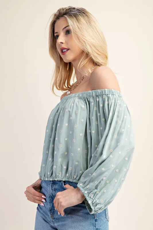 Mint Printed Off Shoulder Puff Sleeve Novelty Top