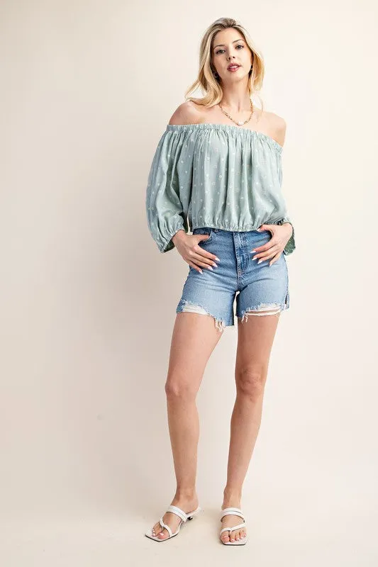 Mint Printed Off Shoulder Puff Sleeve Novelty Top