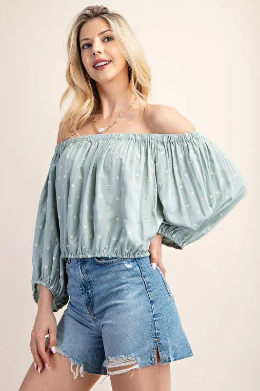 Mint Printed Off Shoulder Puff Sleeve Novelty Top