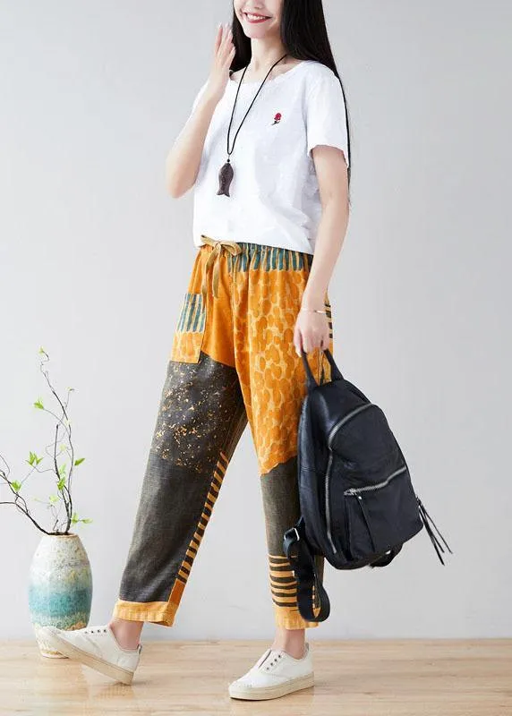 Modern Yellow Retro Colorblock Tie waist Fall Pants Denim