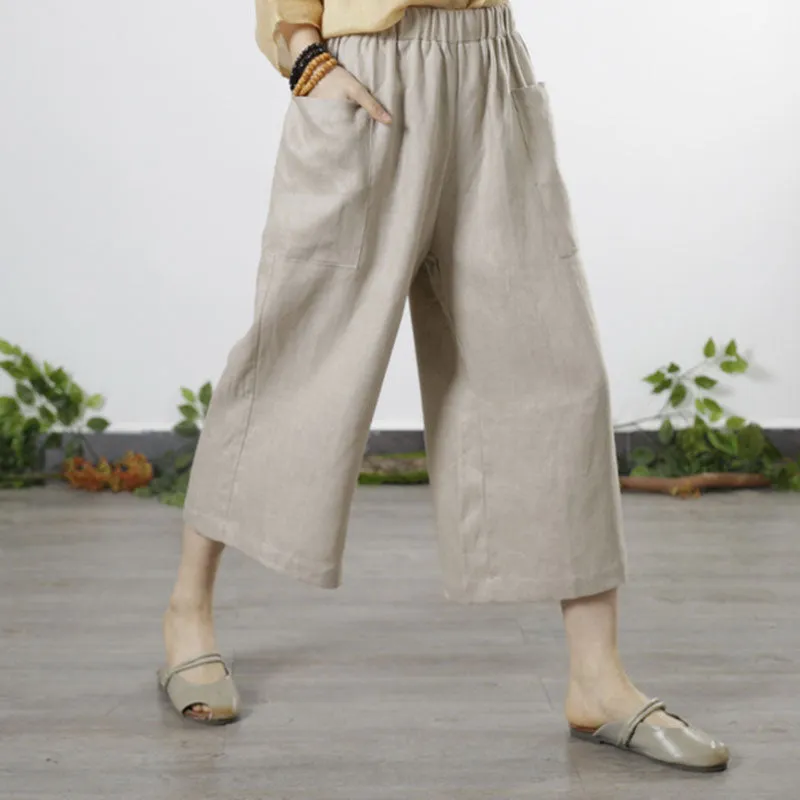 Natural Red Pockets Casual Fall Wide Leg Linen Pants