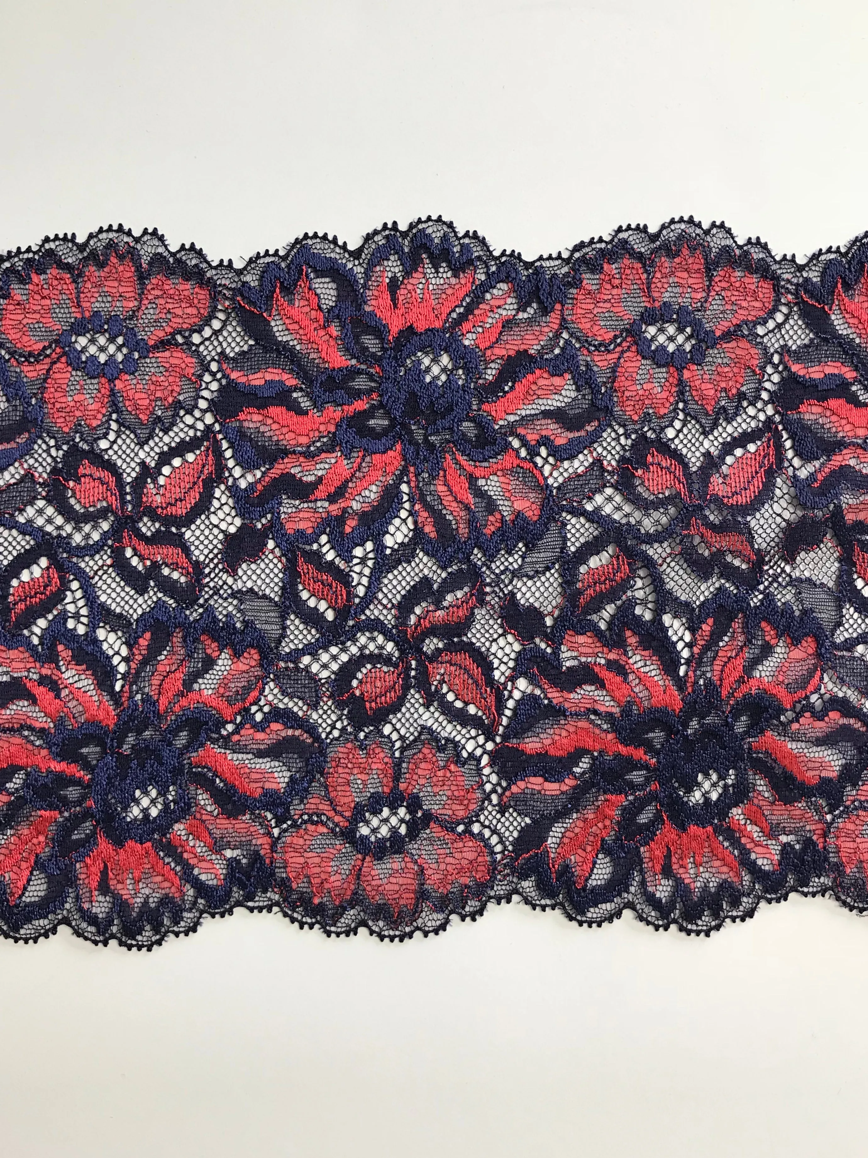 Navy & Red 6.75" Wide Stretch Lace