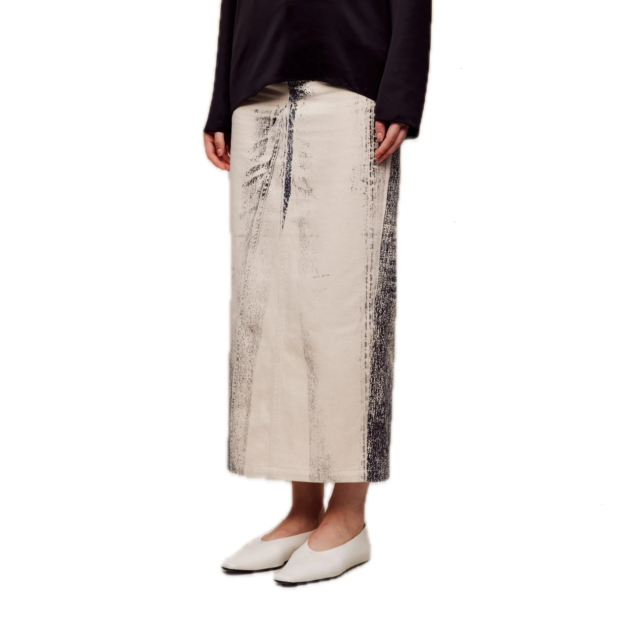 Off-set Printed Denim Long Skirt