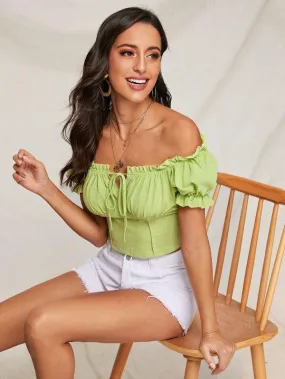 Off Shoulder Puff Sleeve Ruched Bust Crop Top