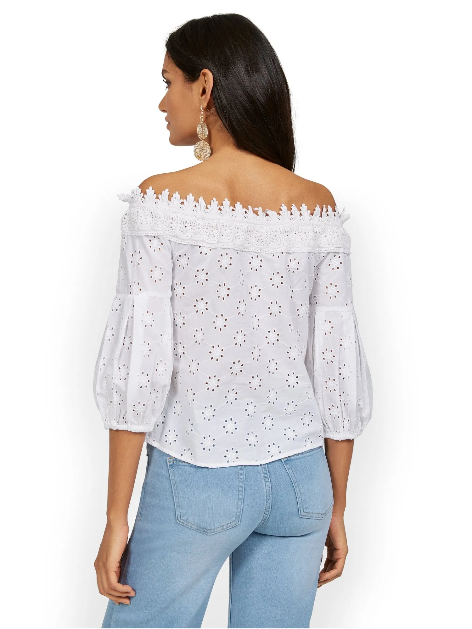 Off-The-Shoulder Puff Sleeve Eyelet Blouse