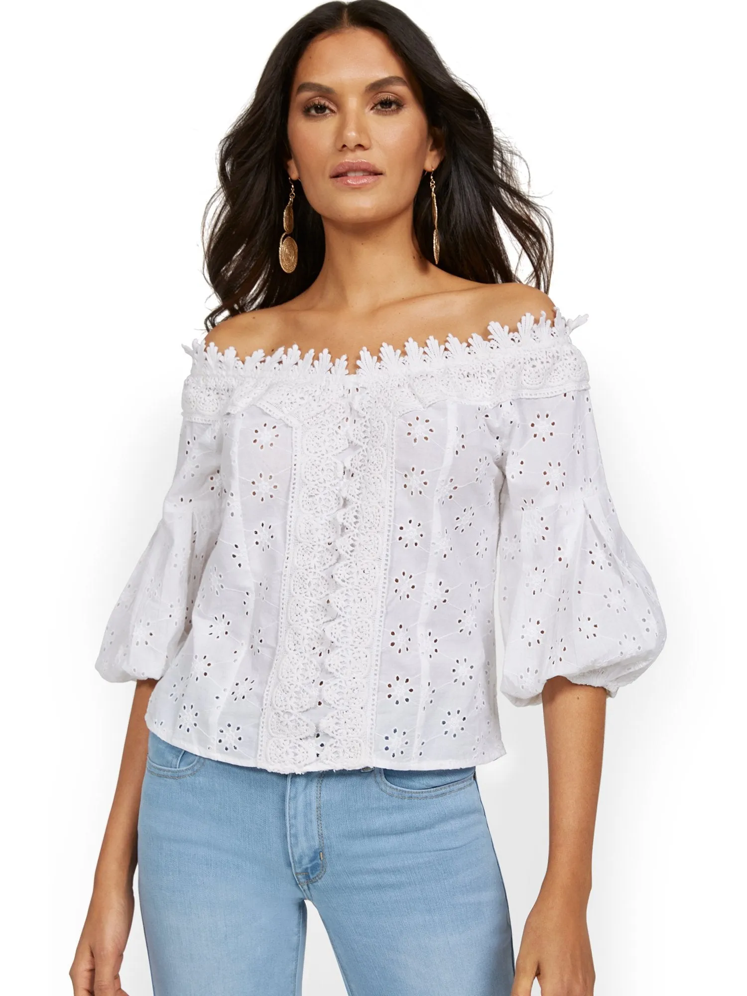 Off-The-Shoulder Puff Sleeve Eyelet Blouse